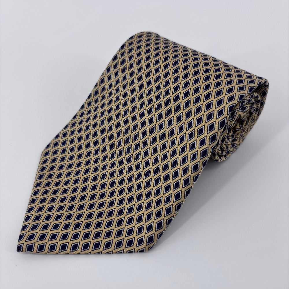 Polo Ralph Lauren Tie‎ Mens Gold Blue Diamond Silk Handmade Preppy Geometric Ivy